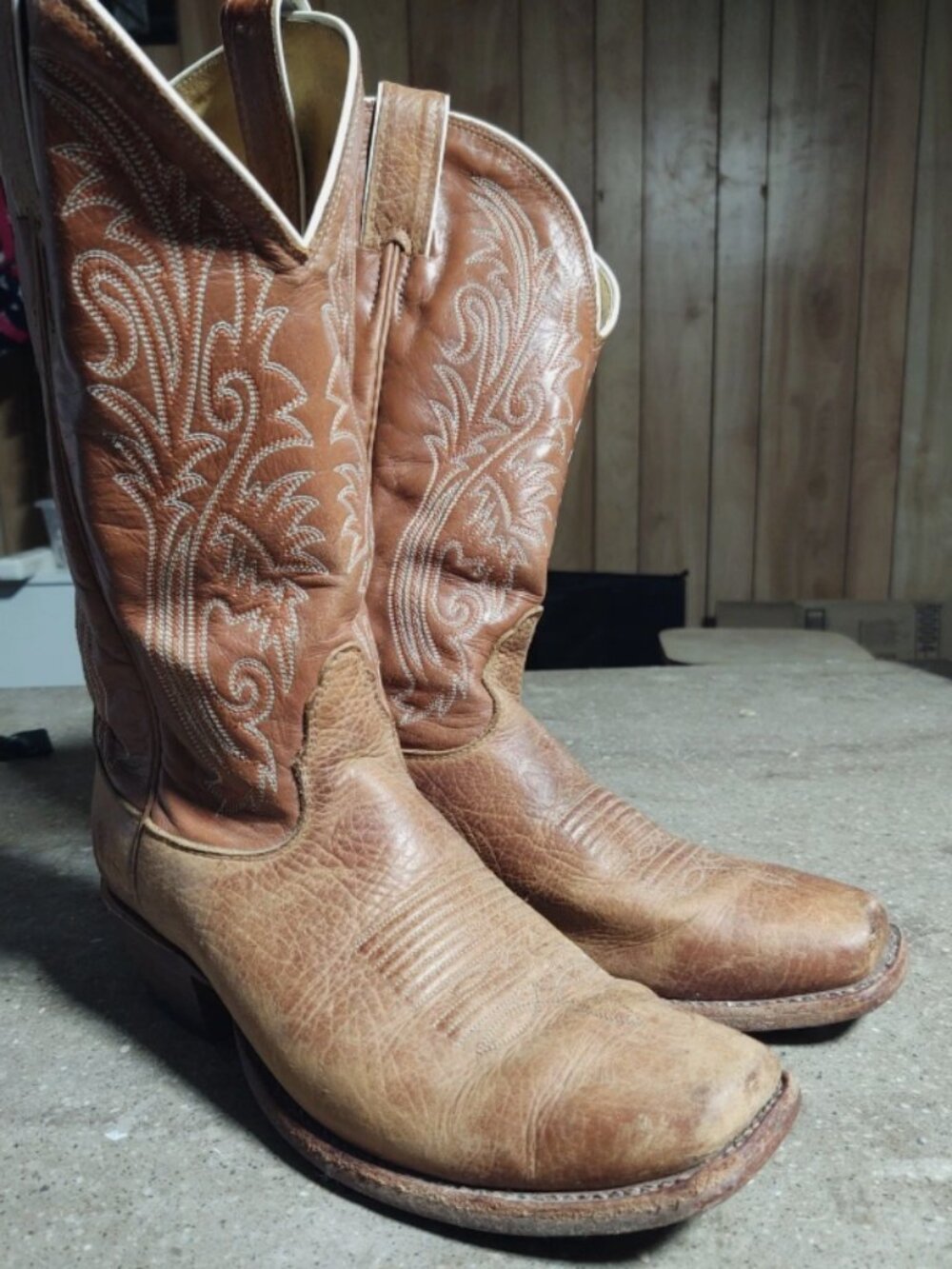 Vintage Tan Leather Square Toe Cowboy Boots Nocona - Men 8D - Women 9.5M